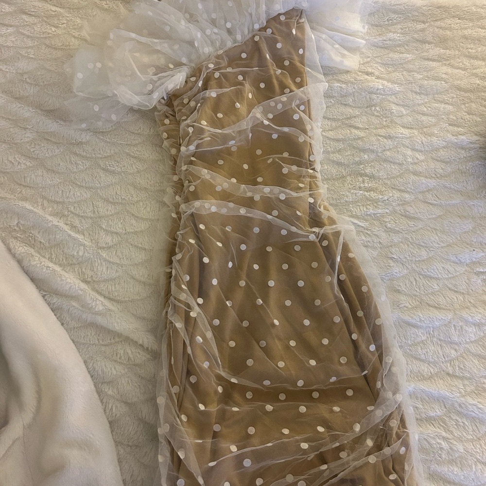 Elegant One Shoulder Polka Dot Dress - Tan